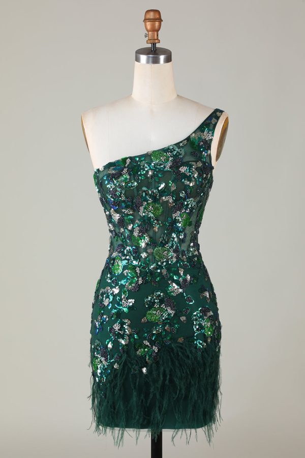 Bodycon One Shoulder Dark Green Sequins Short Homecoming Dress with Feather