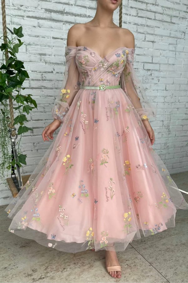 Pink Lace Long Sleeve Prom Dres, Cute A-Line Off the Shoulder Evening Dress